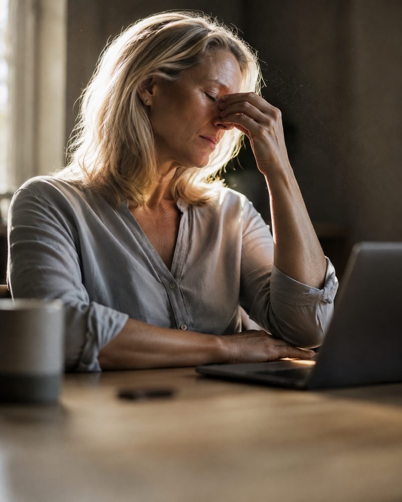 Frau mittleren Alters sitzt erschöpft am Schreibtisch und reibt sich die Augen – Symbolbild für das Nachmittagstief