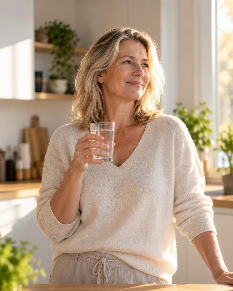 Frau mittleren Alters steht morgens entspannt mit einem Glas Wasser in einer hellen Küche – Symbolbild für eine ruhige tägliche Routine